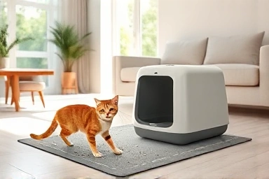 Clean living room, happy cat, effective litter mat, no scattered litter.